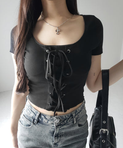 レースアップフロントリボン半袖ショートTシャツ / lace up front ribbon short sleeve short slim T-shirt