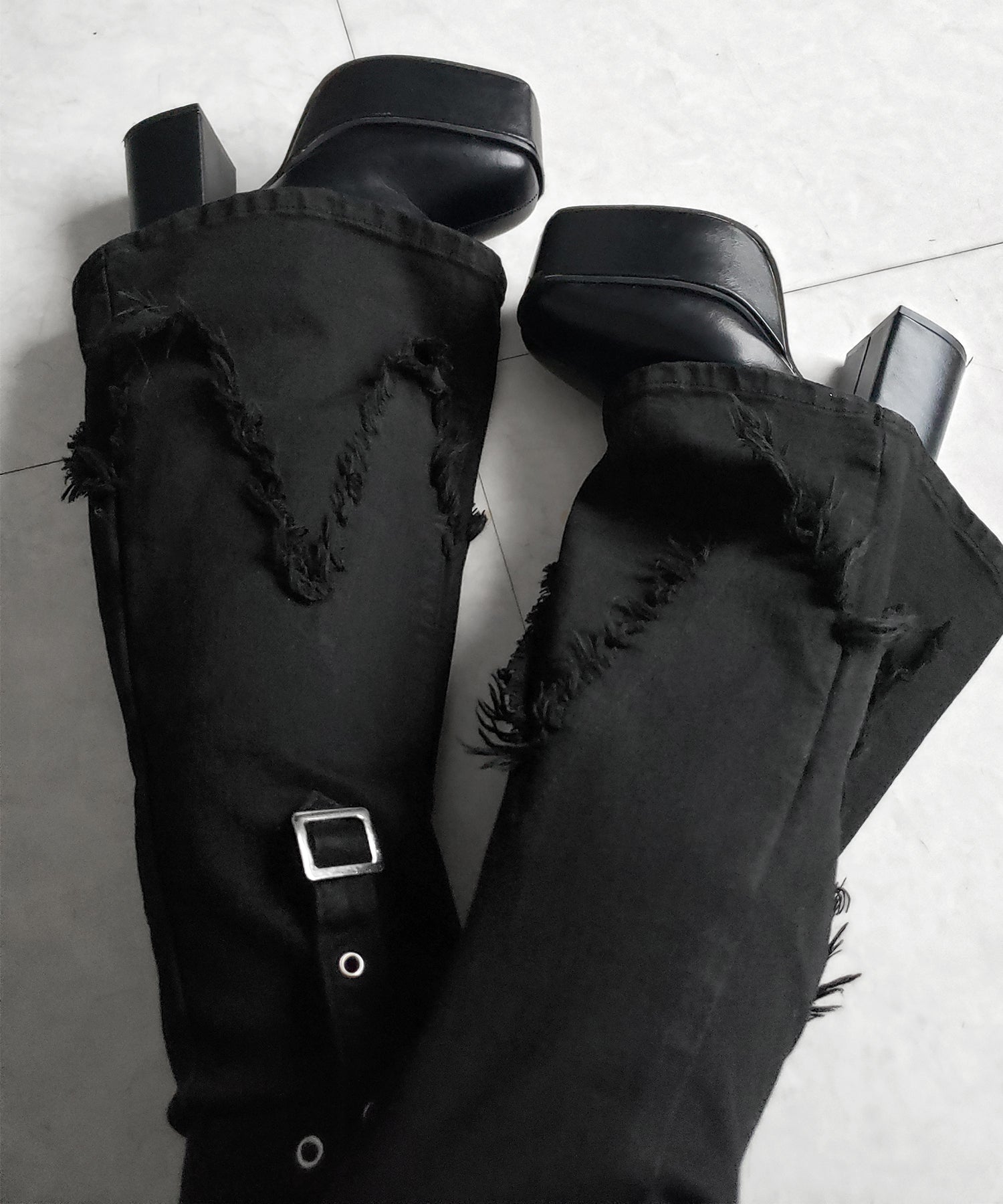 クロスデザインヴィンテージライクフリンジストレッチフレアデニム / cross design vintage-like fringe stretch flare denim