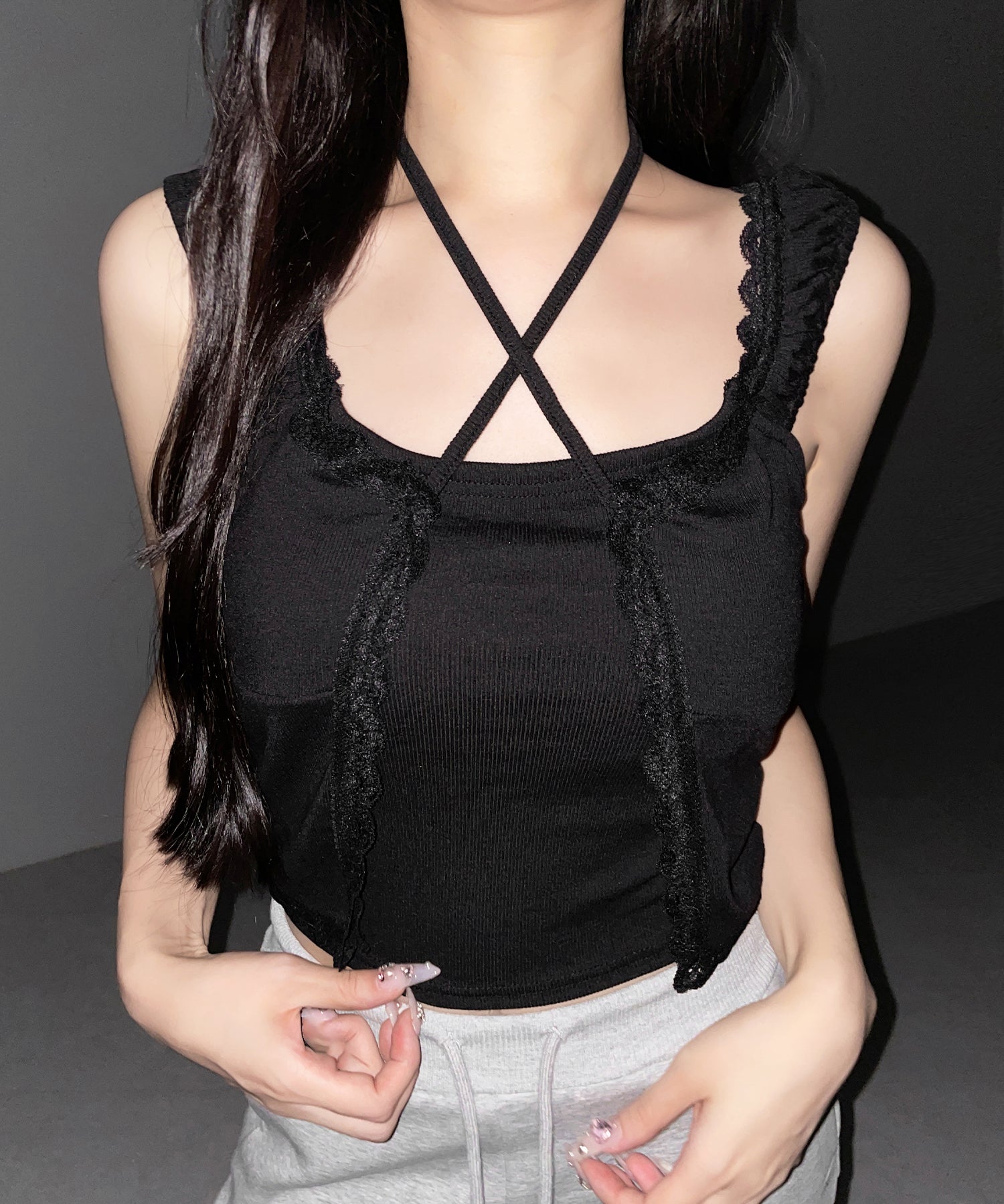 フロントリボンレイヤードリブキャミタンク / front ribbon layered lib camisole tank