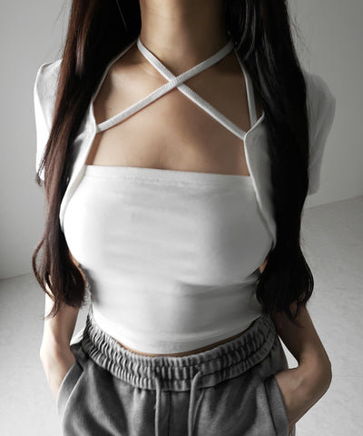 【 2点セット 】フロントリボンショートカーディガン+ ホルターキャミソール SET / front ribbon short cardigan + halter camisole SET