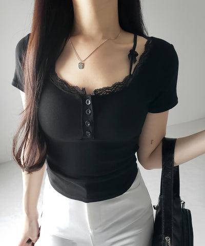 ストラップダブルリボンスクエアネックTシャツ / strap double ribbon square neck T-shirt