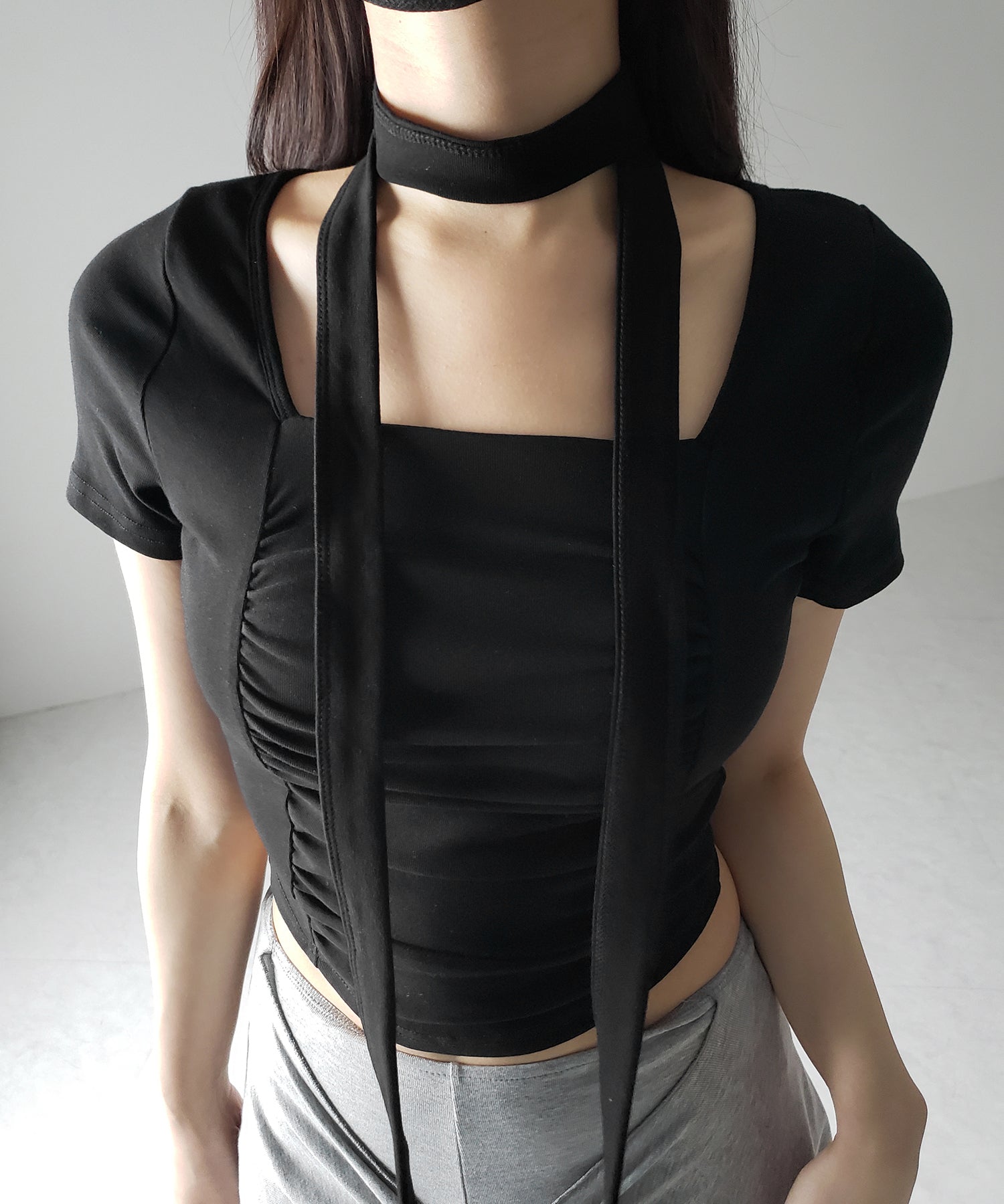 【 2WAY 】チョーカーロングタイ付き スクエアネックギャザースリムTシャツ / choker long tie SET square neck gather slim sleeve T-shirt