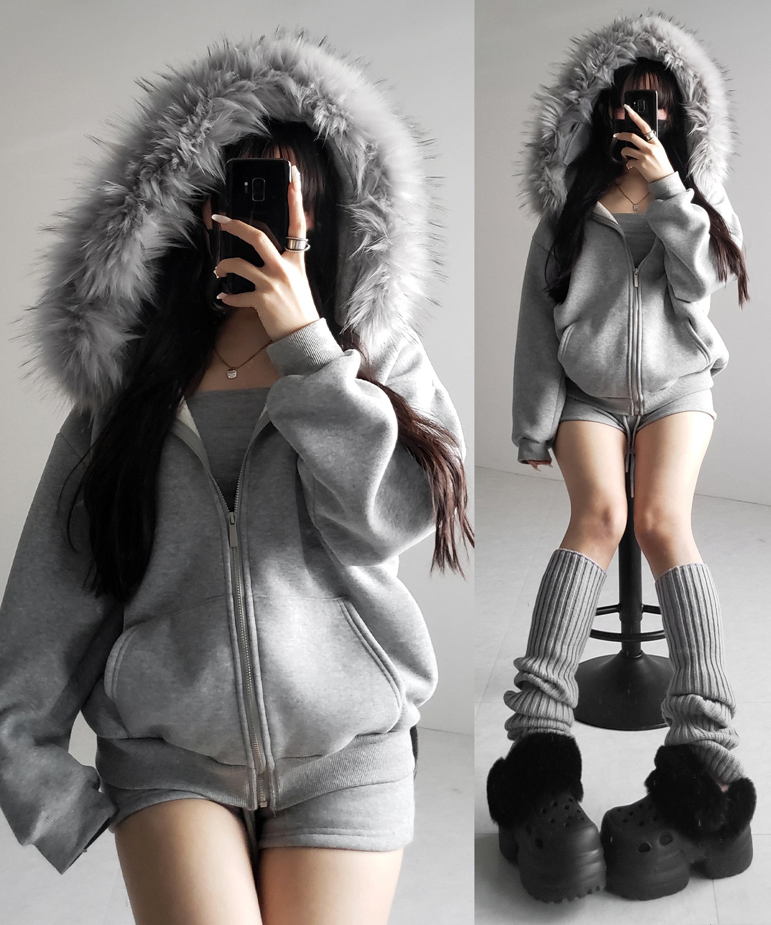 【 セットアップ 】裏起毛ファーフードオーバージップパーカー&スウェットショートパンツ / Urakimo fur over zip hoodie & sweat short pants SETUP
