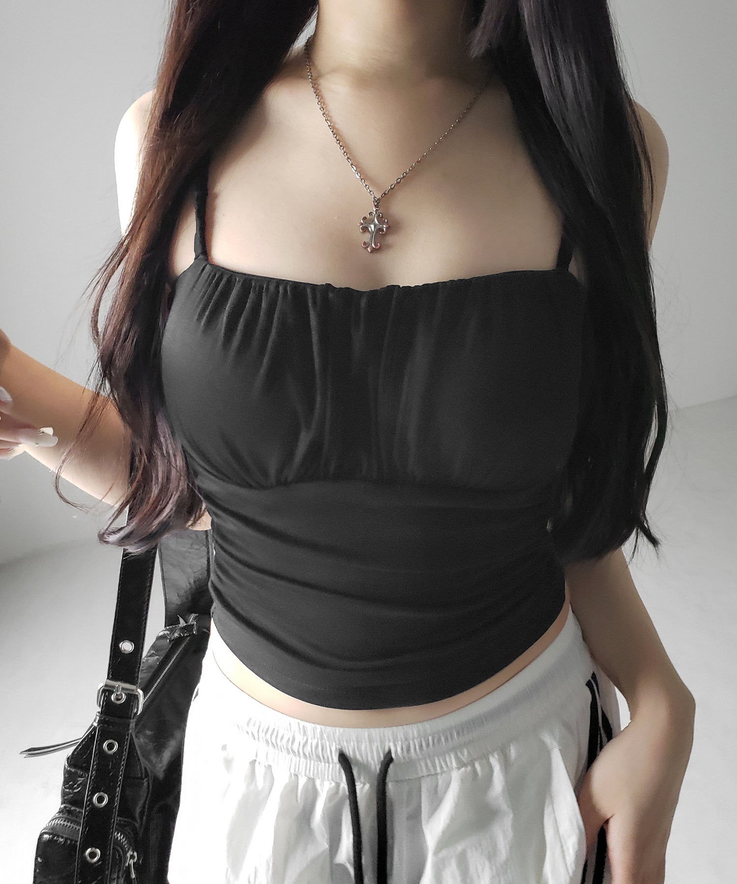 【 3color / カップ付き 】シャーリングギャザードレープキャミソール /shirring gather drape camisole