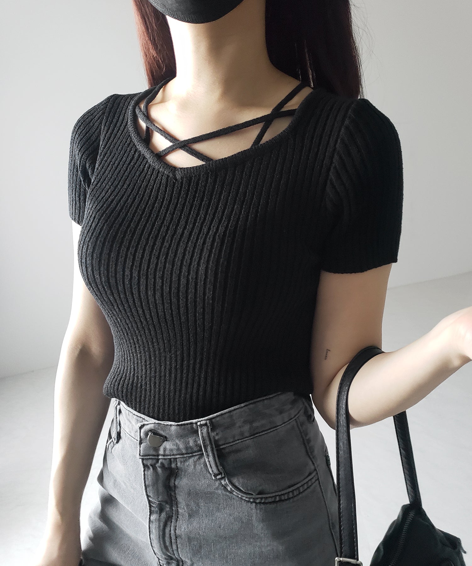 半袖クロスラインストラップデザインリブニット
