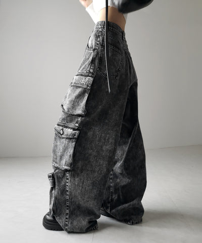 【 デニムセットアップ着用可能 】ヴィンテージケミカルブリーチヘビーワイドカーゴデニム / vintage chemical bleach heavy wide cargo denim