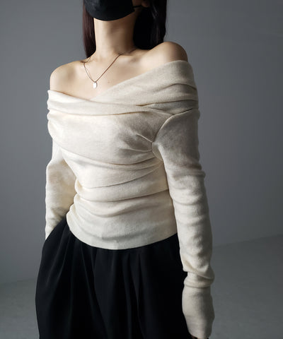 タックデザインドレープオフショルダーリブニット