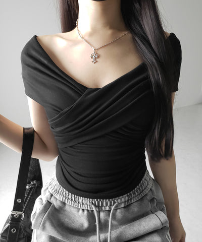 オフショルドレープクロスギャザリングTシャツ /off shoulder draped cross gatherimg T-shirt
