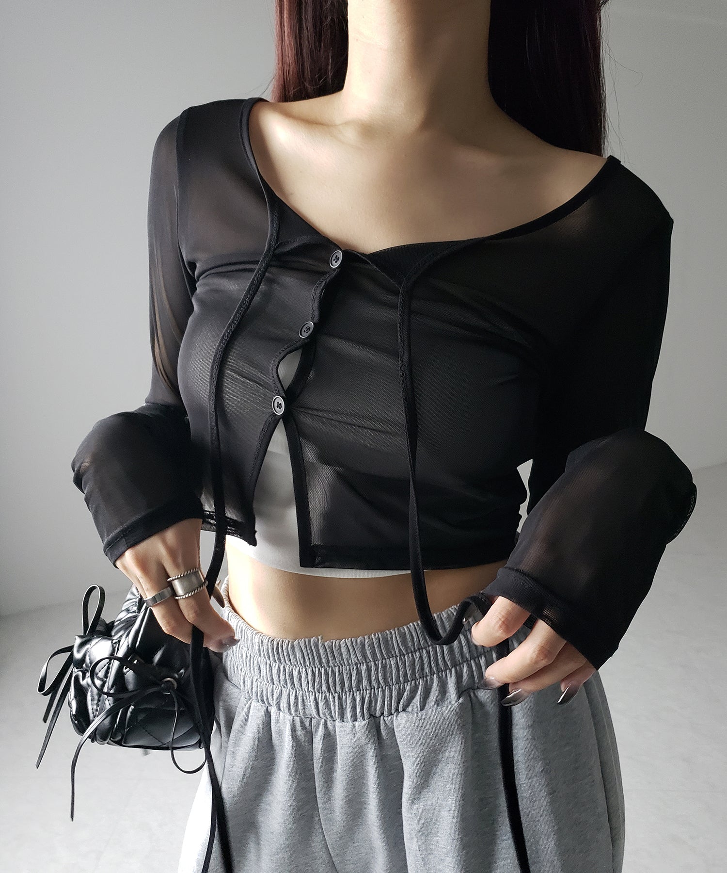 【 3color / 2WAY 】クロスストラップリボンシアーショートカーディガン / cross strap ribbon sheer short cardigan