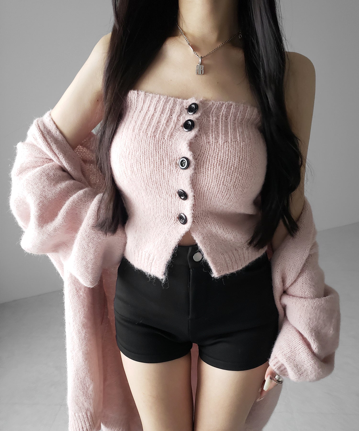 【 新色追加 /2点セット 】ニットボタンビスチェ +ロングカーディガンセット / knit button bustier + long cardigan set