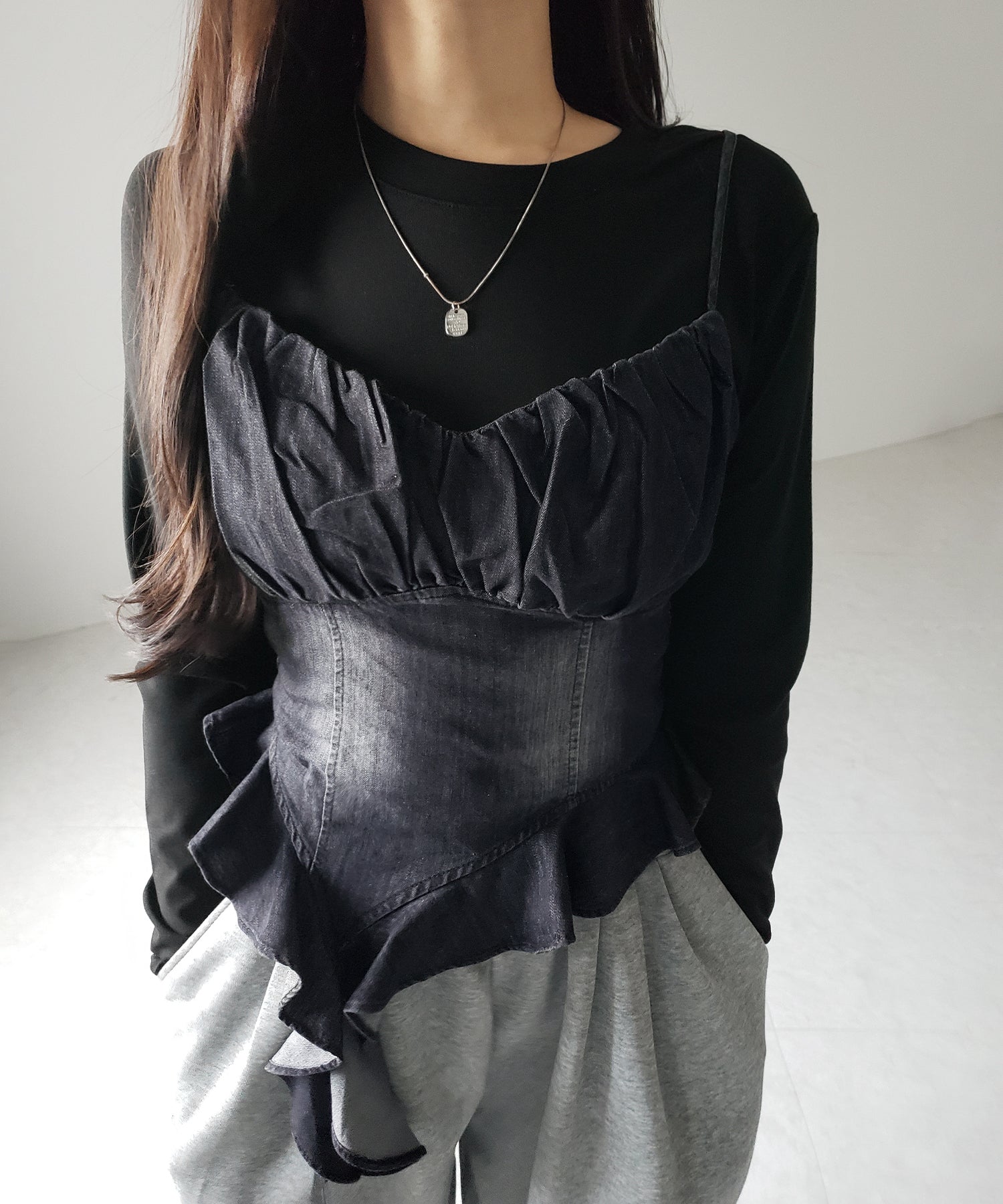 【 2点セット 】ヴィンテージデニムビスチェ & レイヤードTシャツセット / vintage denim bustier & layered T-shirts set