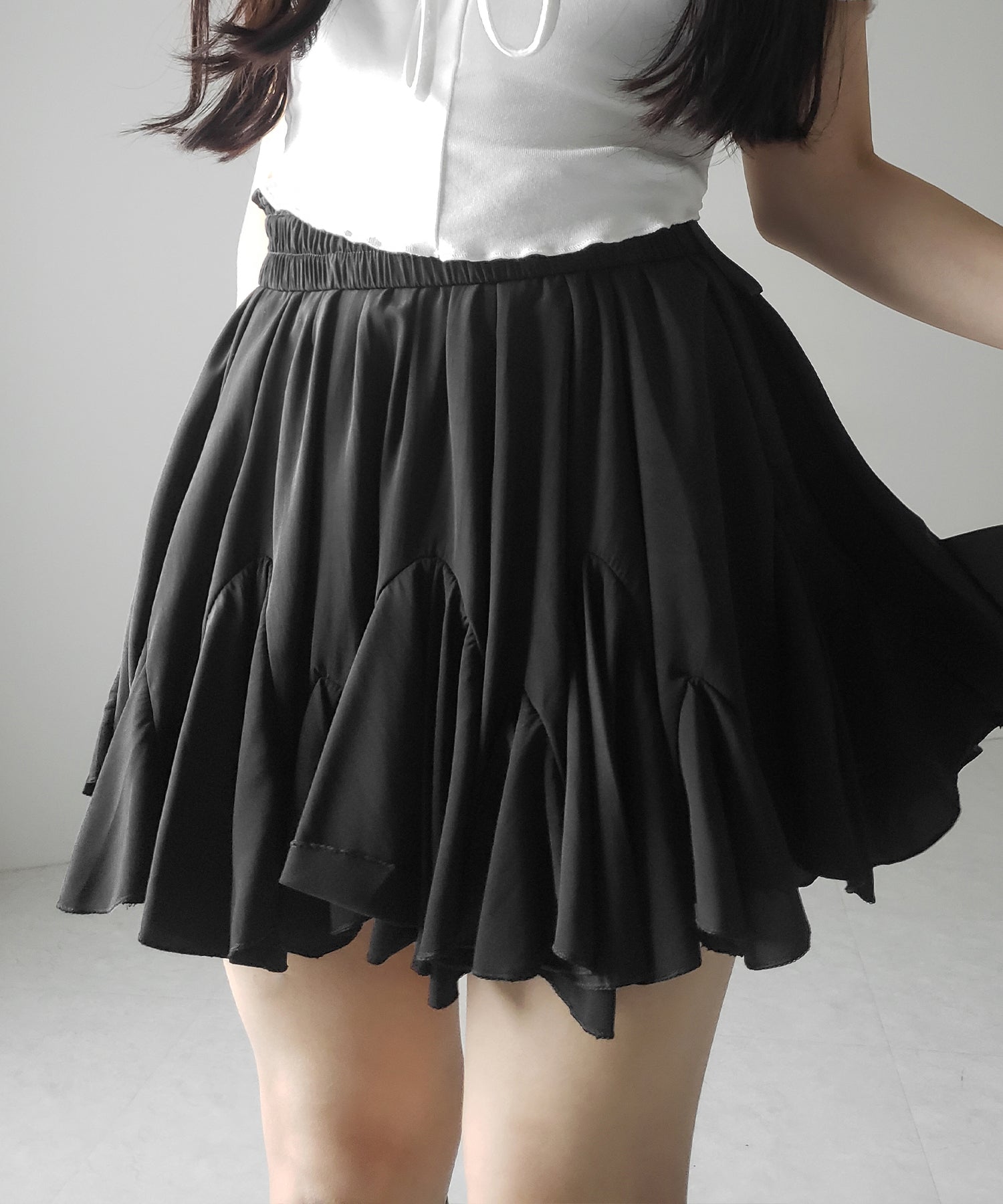 【 2color /インパン裏地付き 】ハイウエストドレープフレアミニスカート / high waist draped flare mini skirt