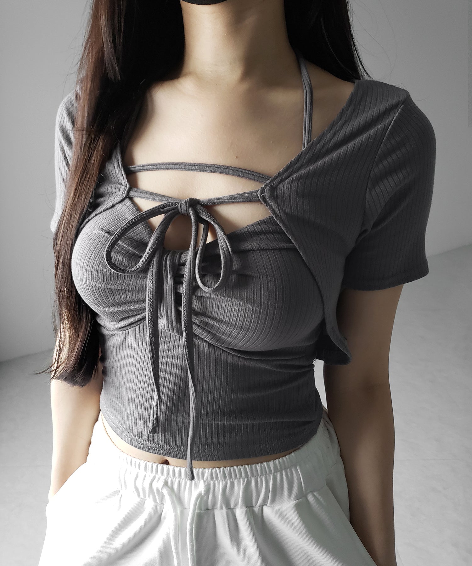 【 2点セット 】 2WAYストラップリブキャミソール + フロントリボンショートカーディガン SET / 2WAY strap lib camisole + front ribbon short cardigan