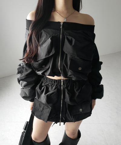 【 セットアップ 】アウトポケットオフショルカーゴブルゾン & ダブルジップカーゴミニスカート SET / out pocket off shoulder cargo blouson & double zip cargo mini skirt SET