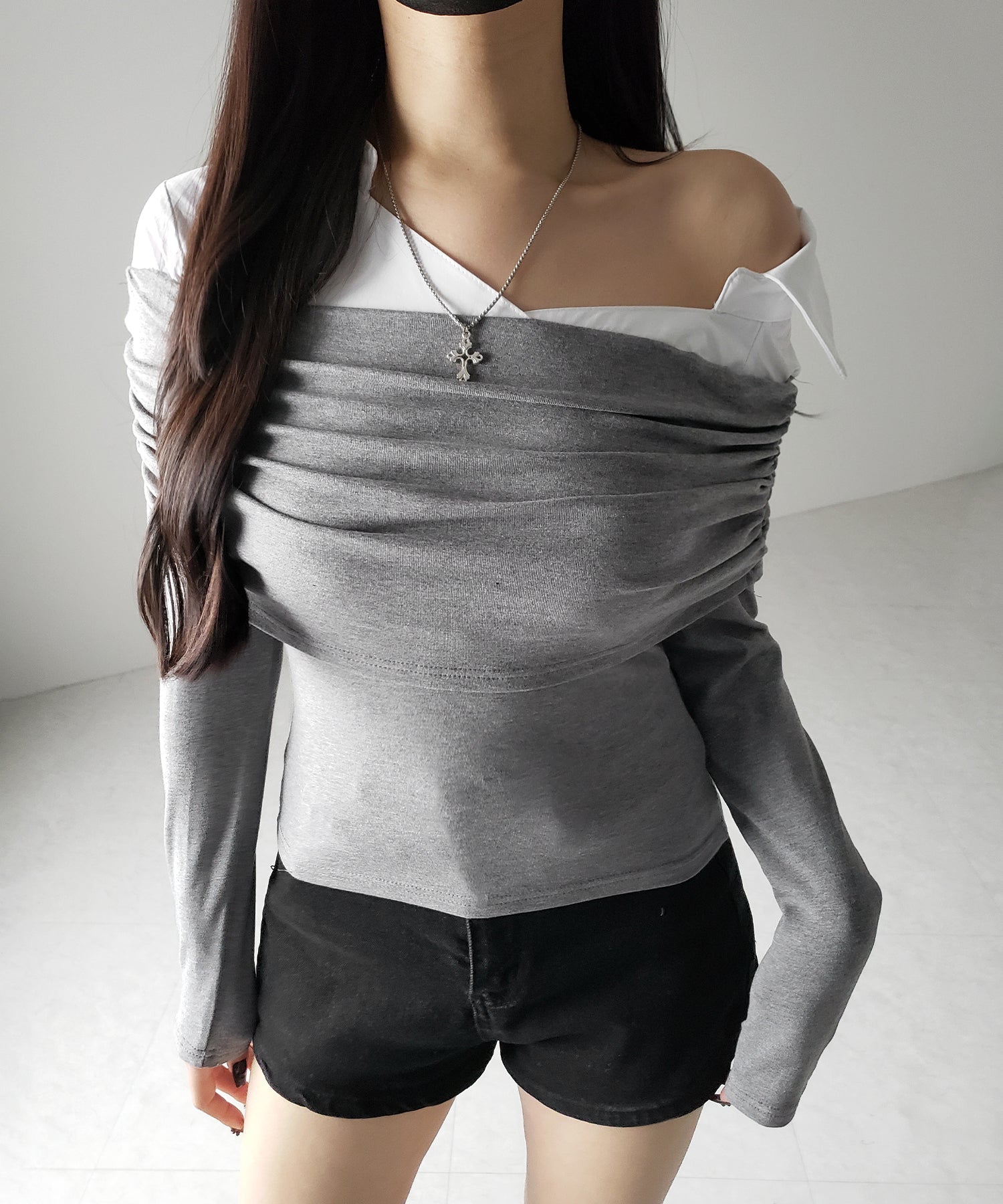 【 2color 】シャツドッキングワイドオフショルトップス / shirt docking wide off shoulder tops