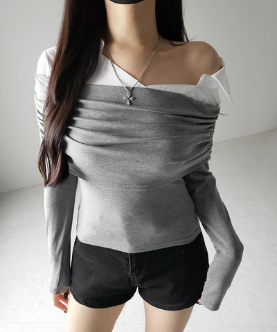 シャツドッキングワイドオフショルトップス / shirt docking wide off shoulder tops