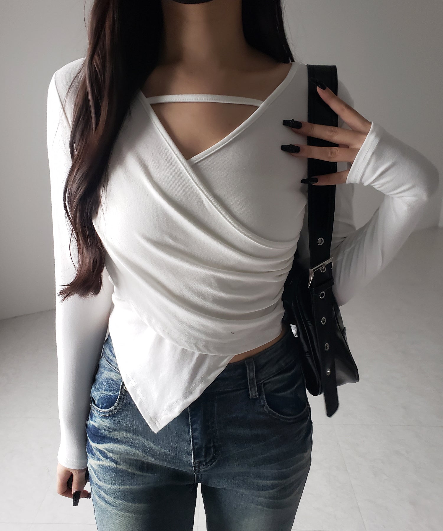 【 3color 】ラインストラップギャザークロスレイヤードトップス / line strap gather cross layered Tops