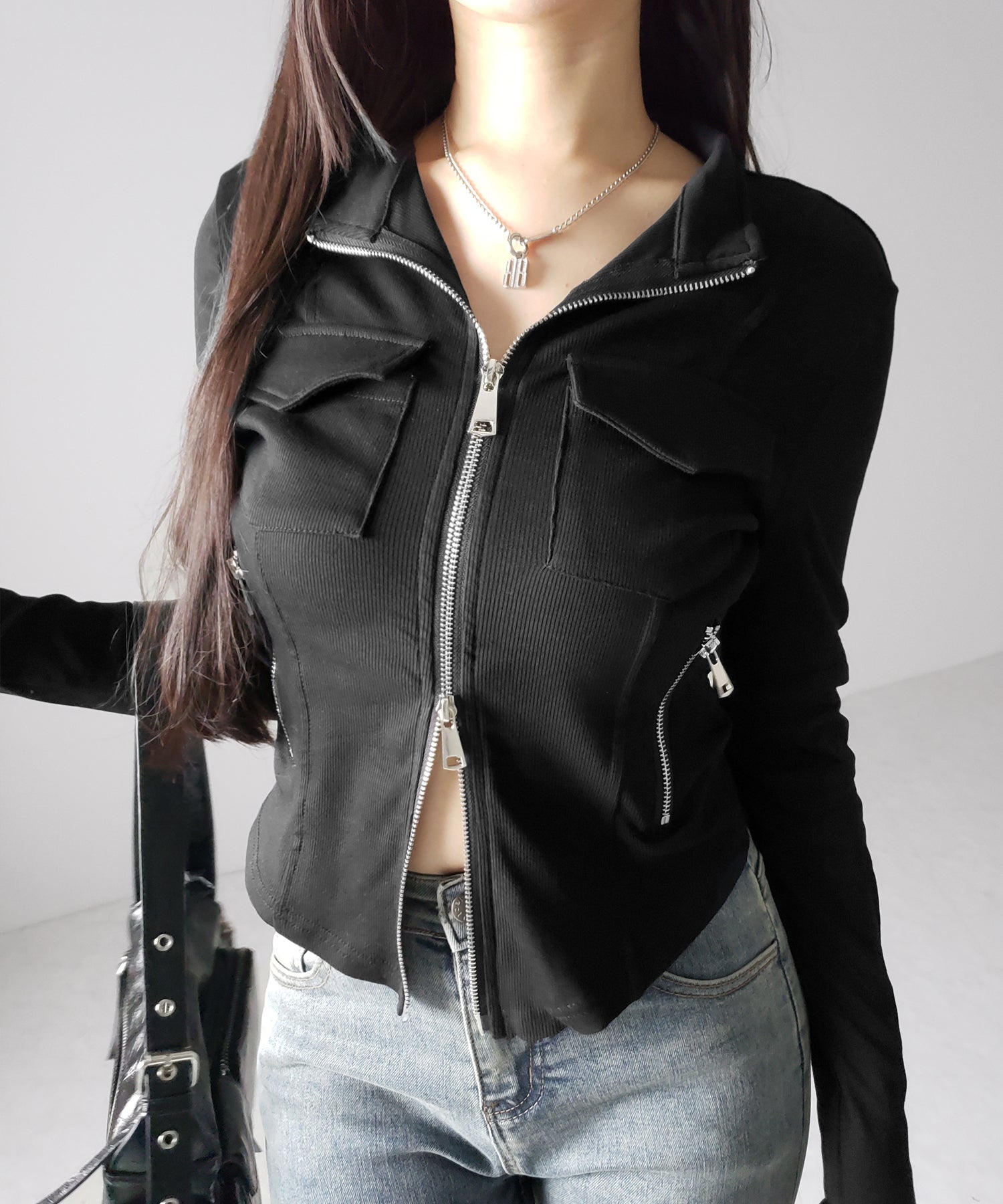 アウトポケットダブルジップスリムリブトップス / out pocket double zip slim ribbed tops