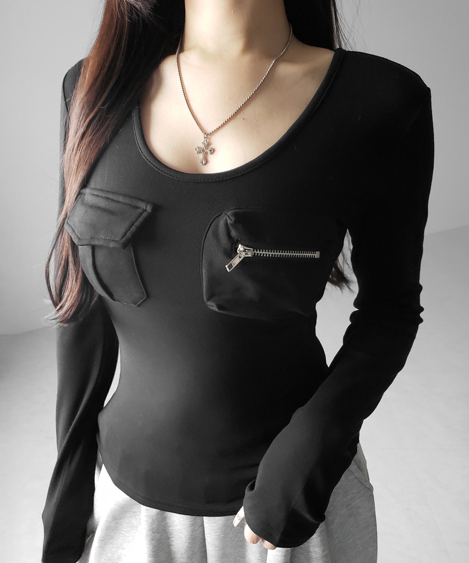 【 裏起毛 】アウトポケットオープンネックスリムトップス / out pocket open neck slim tops