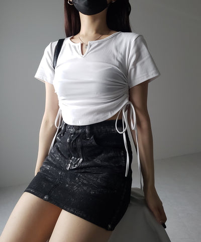 サイドシャーリングリボン半袖ショートTシャツ / side shirring ribbon short Tee