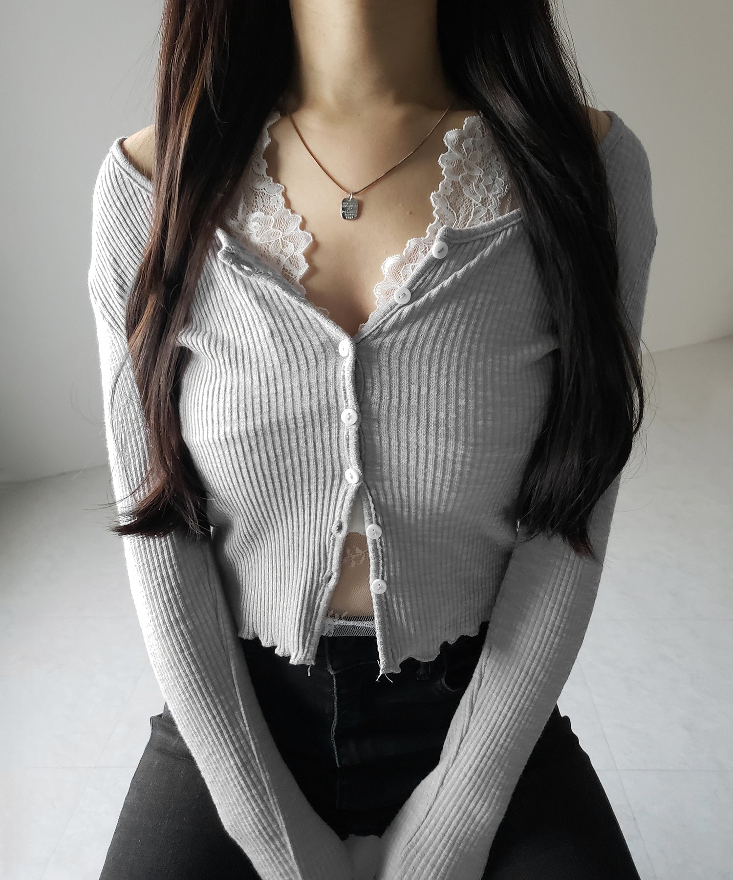 【 2点セット 】レイヤードレースシアーリブカットソーカーディガン / layered lace sheer rib cut and sew cardigan