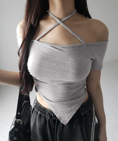 クロスネックアシメギャザーオフショルTシャツ / cross neck asymmetry gather off shoulder T-shirt