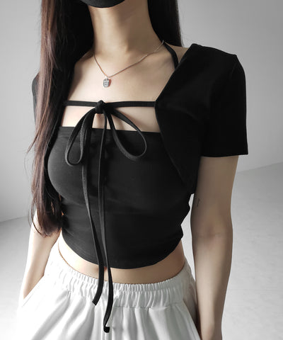 【 2点セット 】フロントリボンショートカーディガン+ ホルターキャミソール SET / front ribbon short cardigan + halter camisole SET