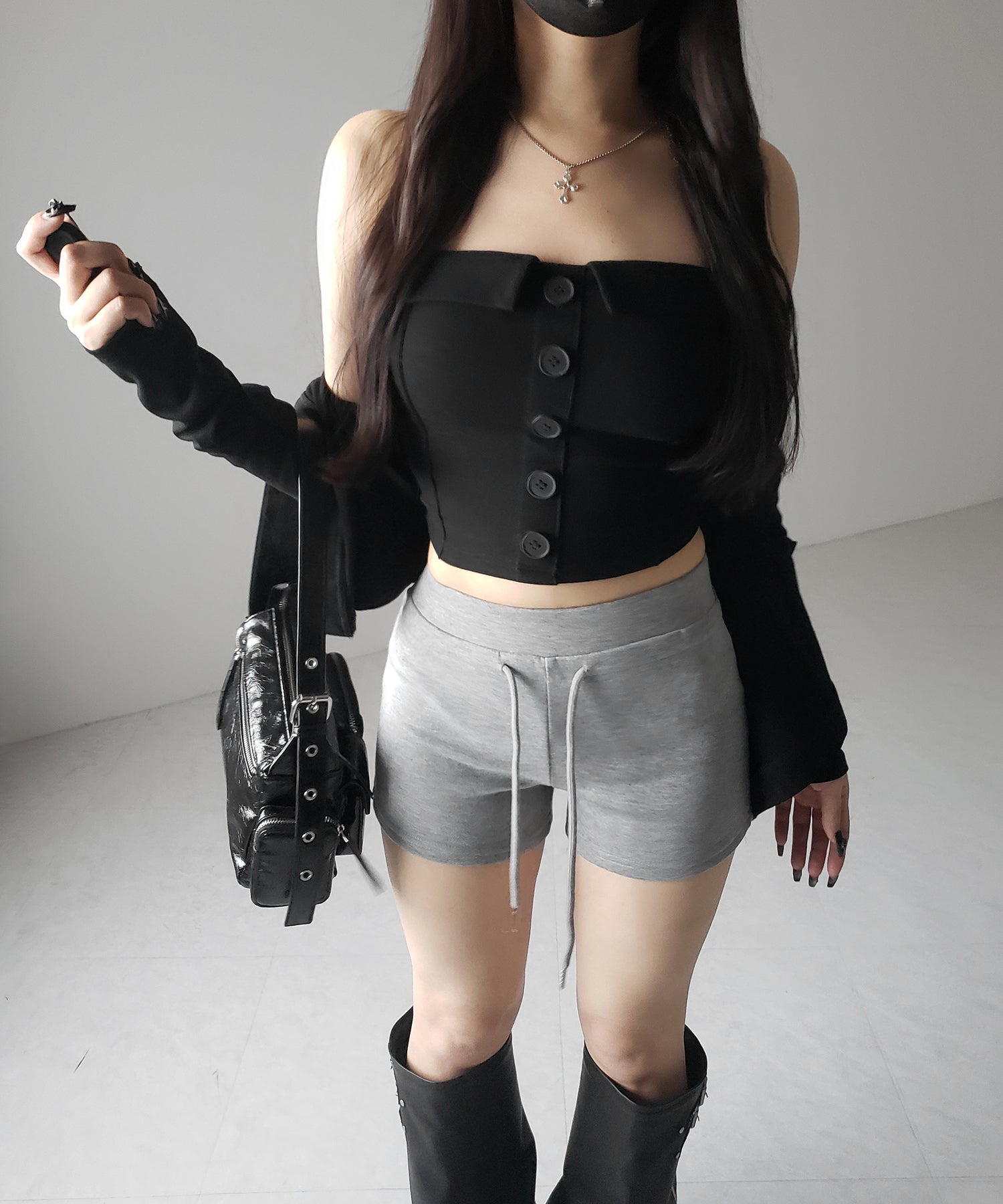 【 2点セット 】フロントボタンベアトップ + クロップドカットソーカーディガン SET / front button bare top + cropped cutsaw cardigan SET