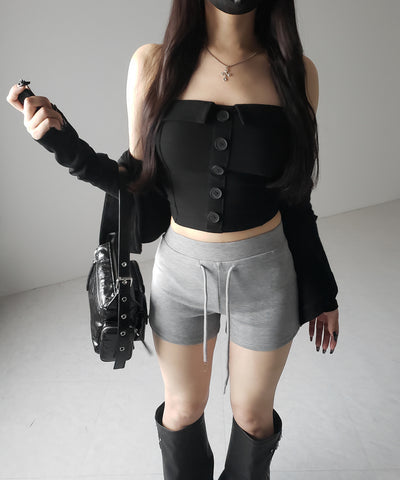 【 2点セット 】フロントボタンベアトップ + クロップドカットソーカーディガン SET / front button bare top + cropped cutsaw cardigan SET