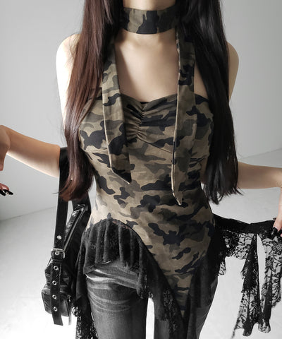 チョーカーロングタイ付き ヴィンテージカモフラレースフリルベアトップス / ( choker long tie SET ) vintage camouflage lace frill bare tops