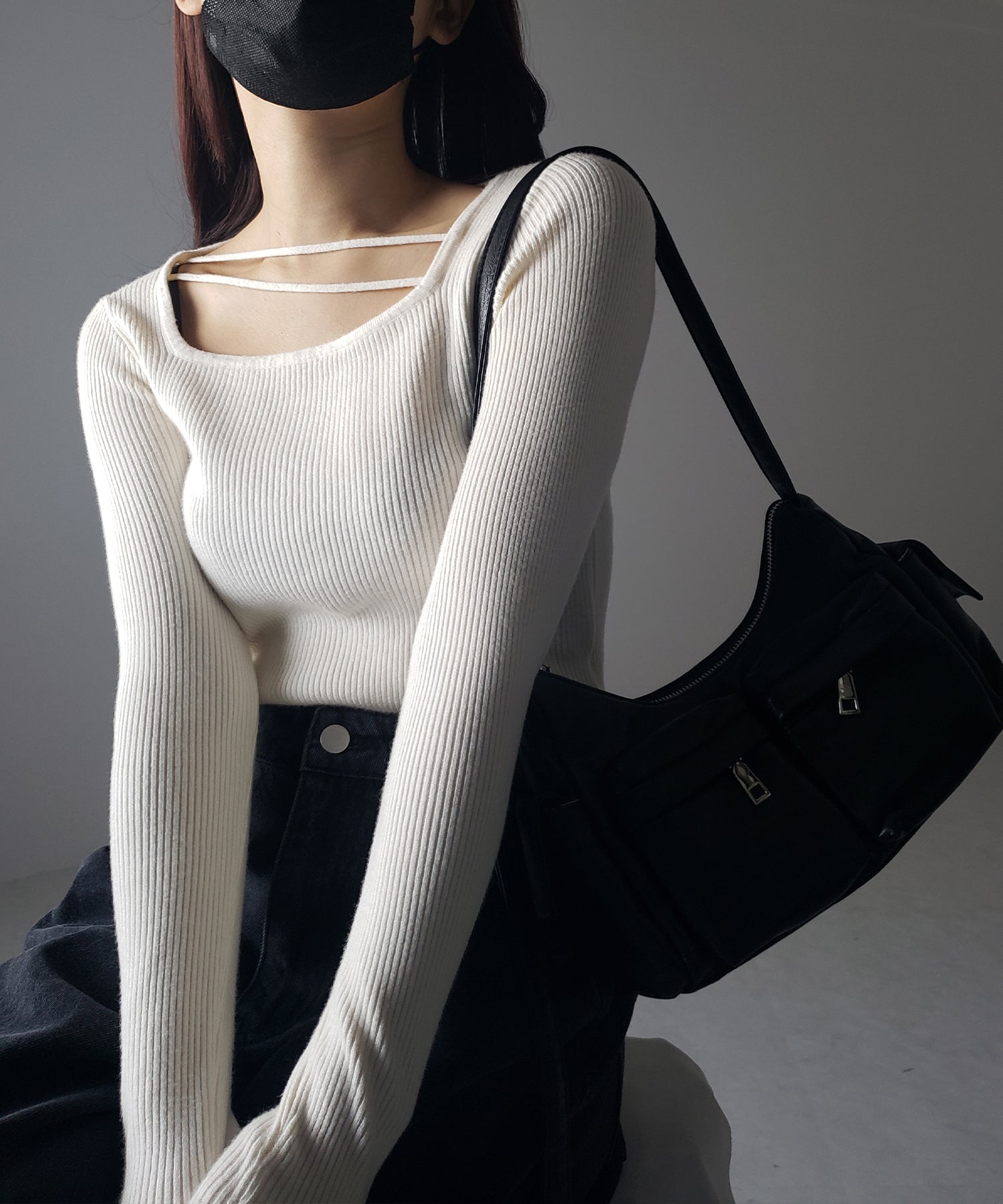 【 3color 】2ストラップスクエアネックリブニット