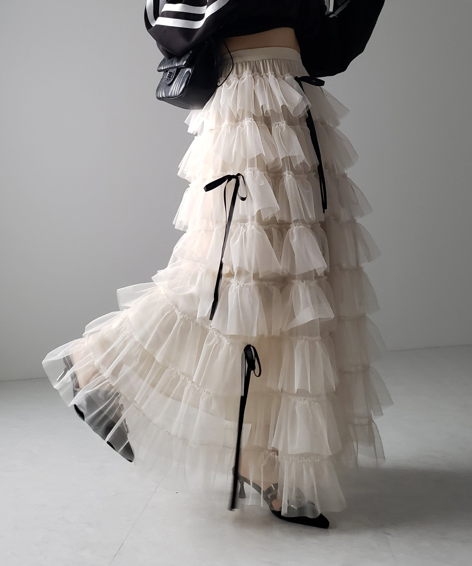 【 新色ピンク追加!/5color 】ストラップリボンバレエコアチュールスカート /strap ribbon ballet core tulle skirt