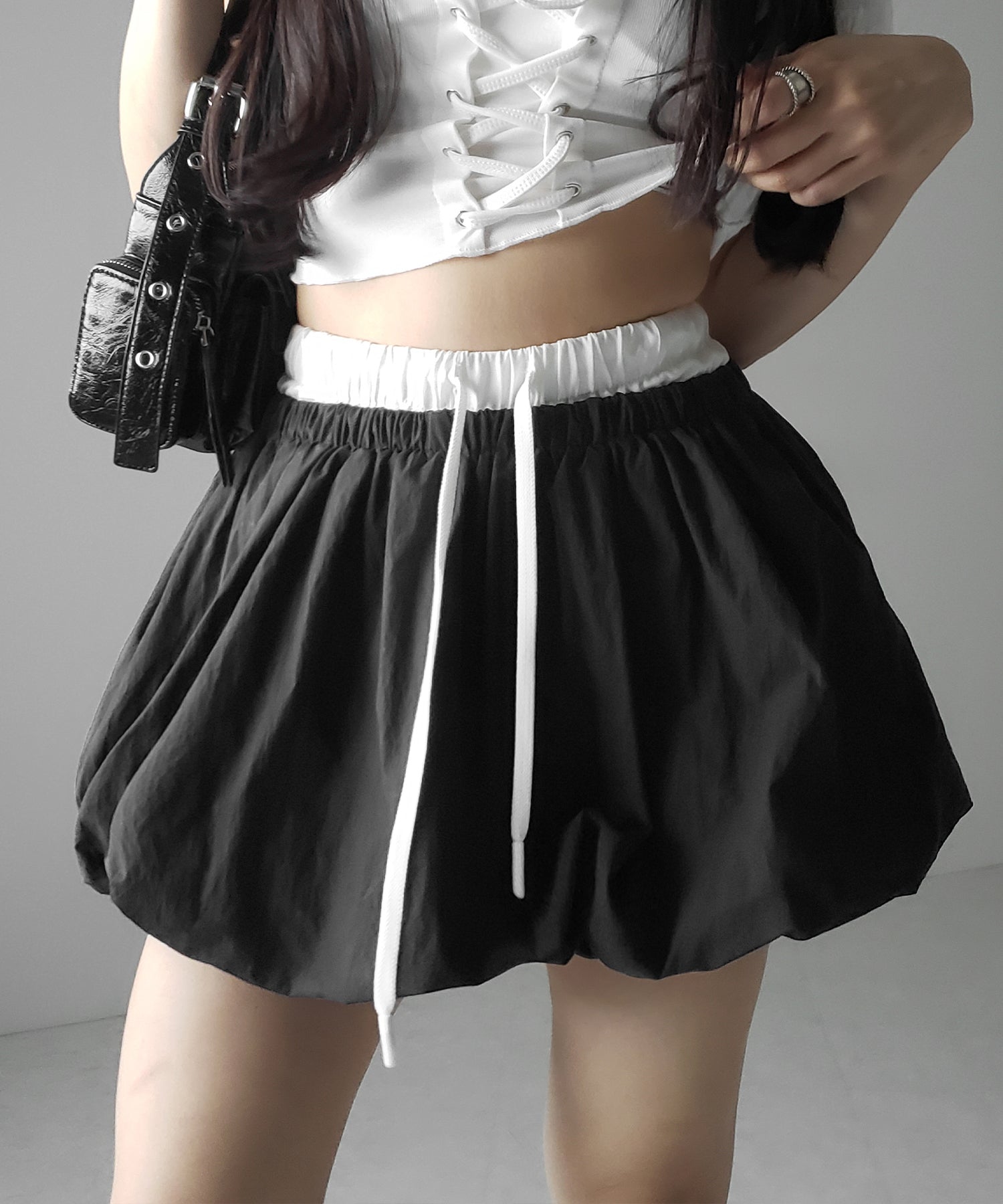 【 2color /インパン裏地付き 】フェイクレイヤードコットンバルーンミニスカート / fake layered cotton balloon mini skirt