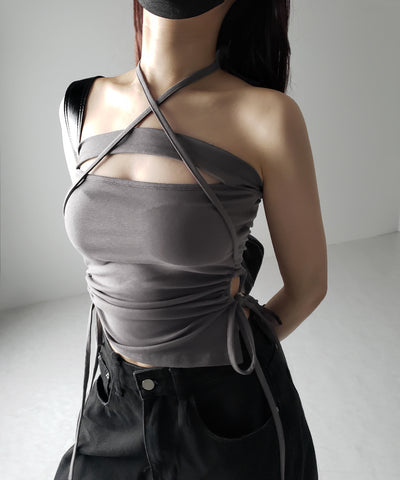 【 カップ付き / 2WAY 】クロスストラップリボンカットアウトショートキャミソール / cross strap ribbon cutout short camisole
