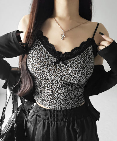 【 2点セット 】ドッキングレースレオパードキャミソール + カーディガン SET / docking lace leopard camisole + cardigan SET