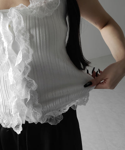 レースフリルドッキングリブニットキャミタンク / lace frill docking lib knit cami tank