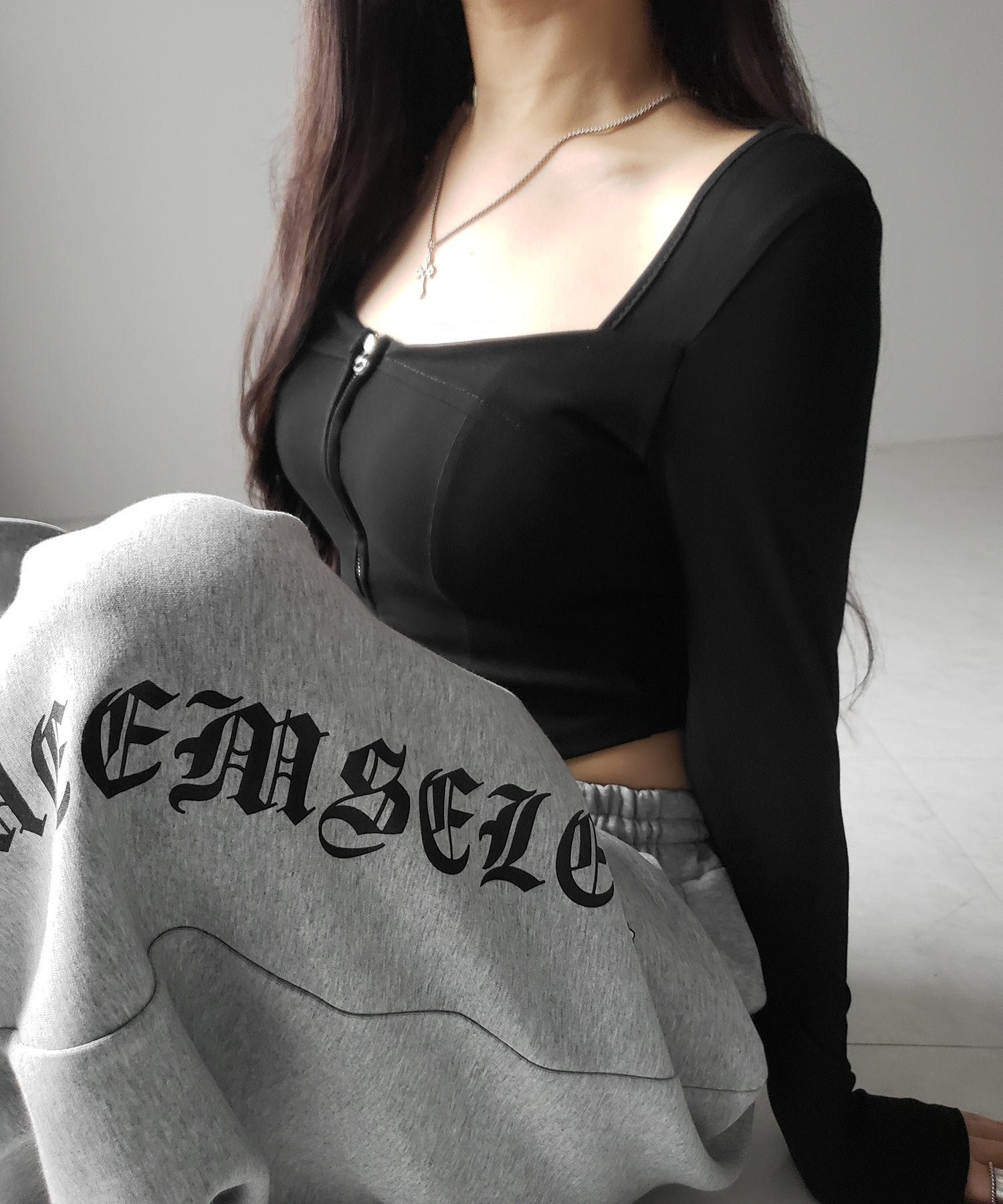 【 2color 】ダブルジップコルセットスクエアネックロンT / double zip corset square neck longsleeve T-Shirt