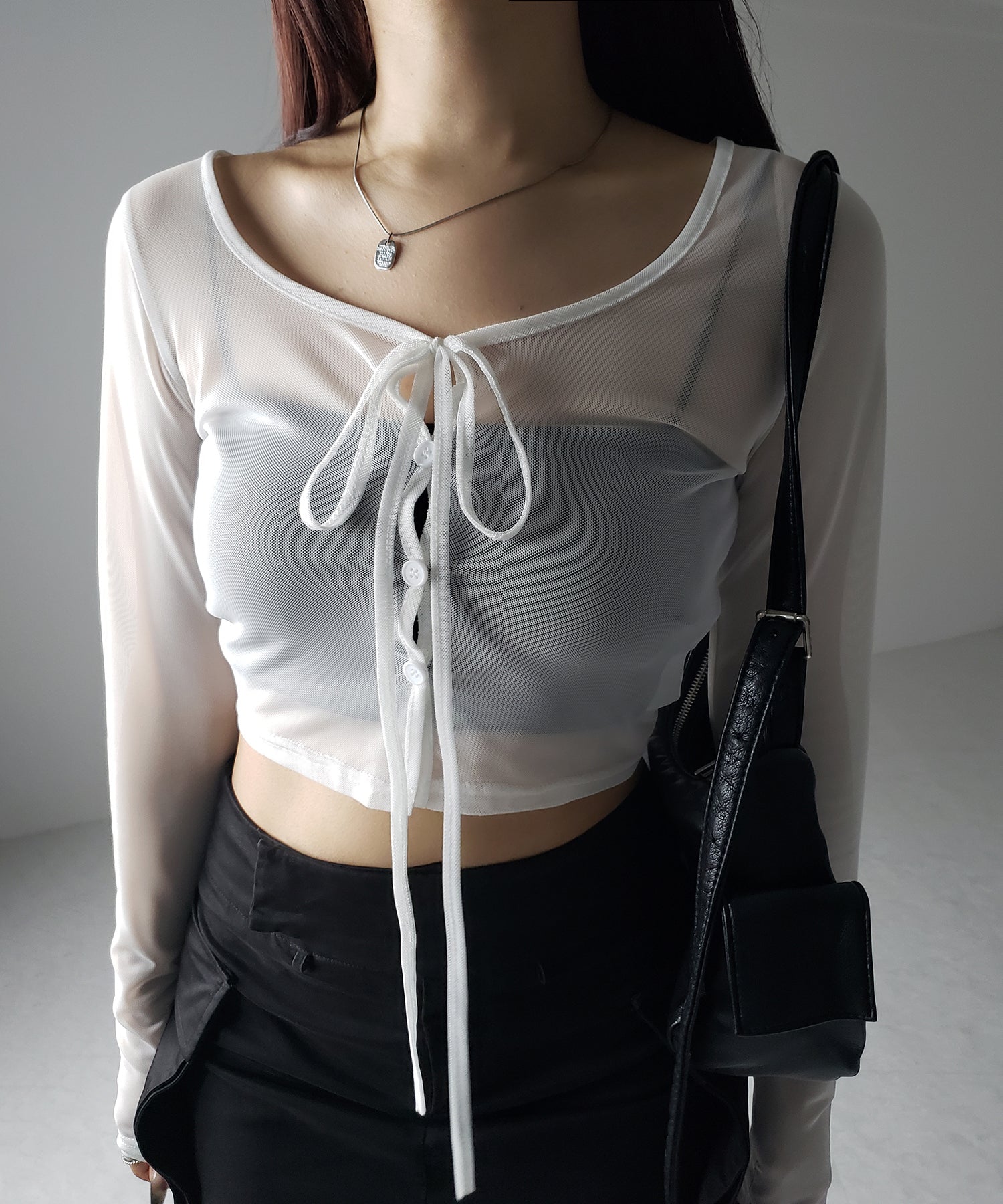 【 3color / 2WAY 】クロスストラップリボンシアーショートカーディガン / cross strap ribbon sheer short cardigan