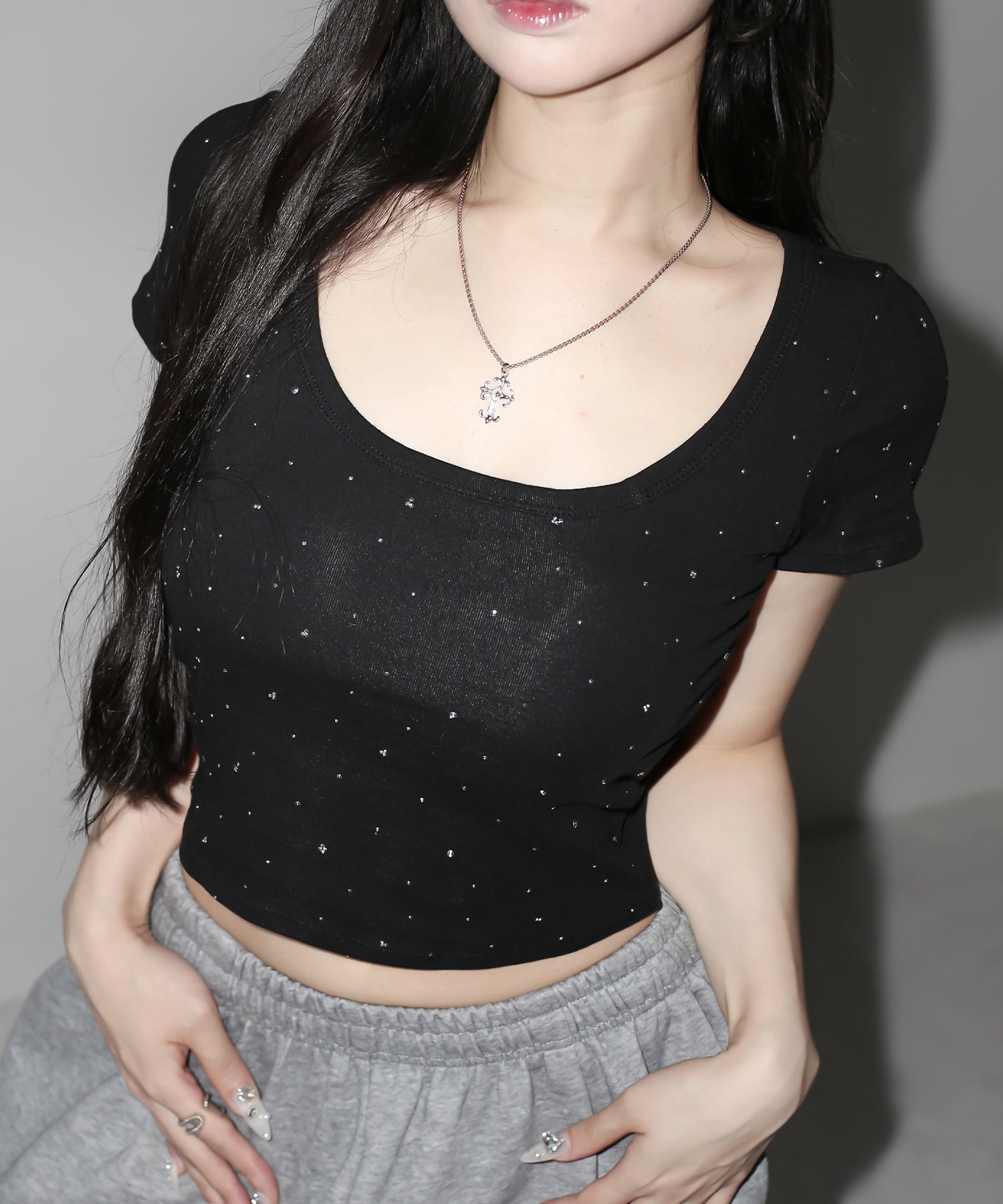 ラインストーンスクエアネックタイトTシャツ /Rhinestone square neck tight T-shirt
