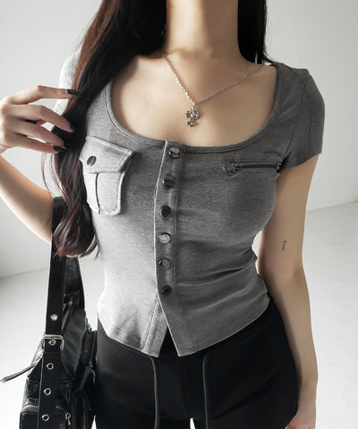 アウトポケットスクエアネックスリムTシャツ /Out pocket square neck slim T-shirt