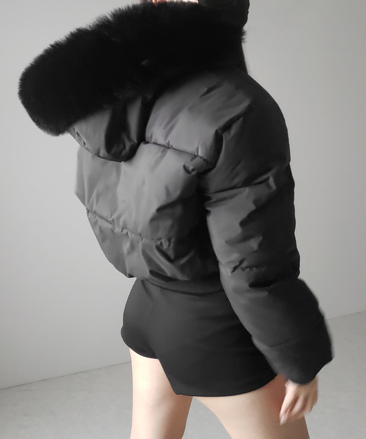 【 フード取り外し可能2WAY 】フェイクファーフードショート中綿ジャケット / 2WAY fake fur hoodie short fake down jacket