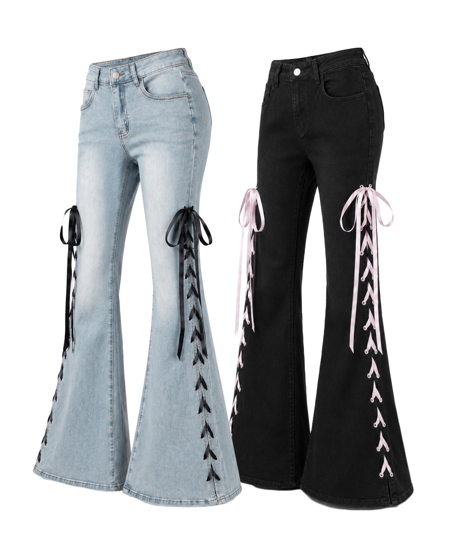 サテンリボンレースアップカットアウトストレッチフレアデニム / satin ribbon laceup cutout stretch flare denim