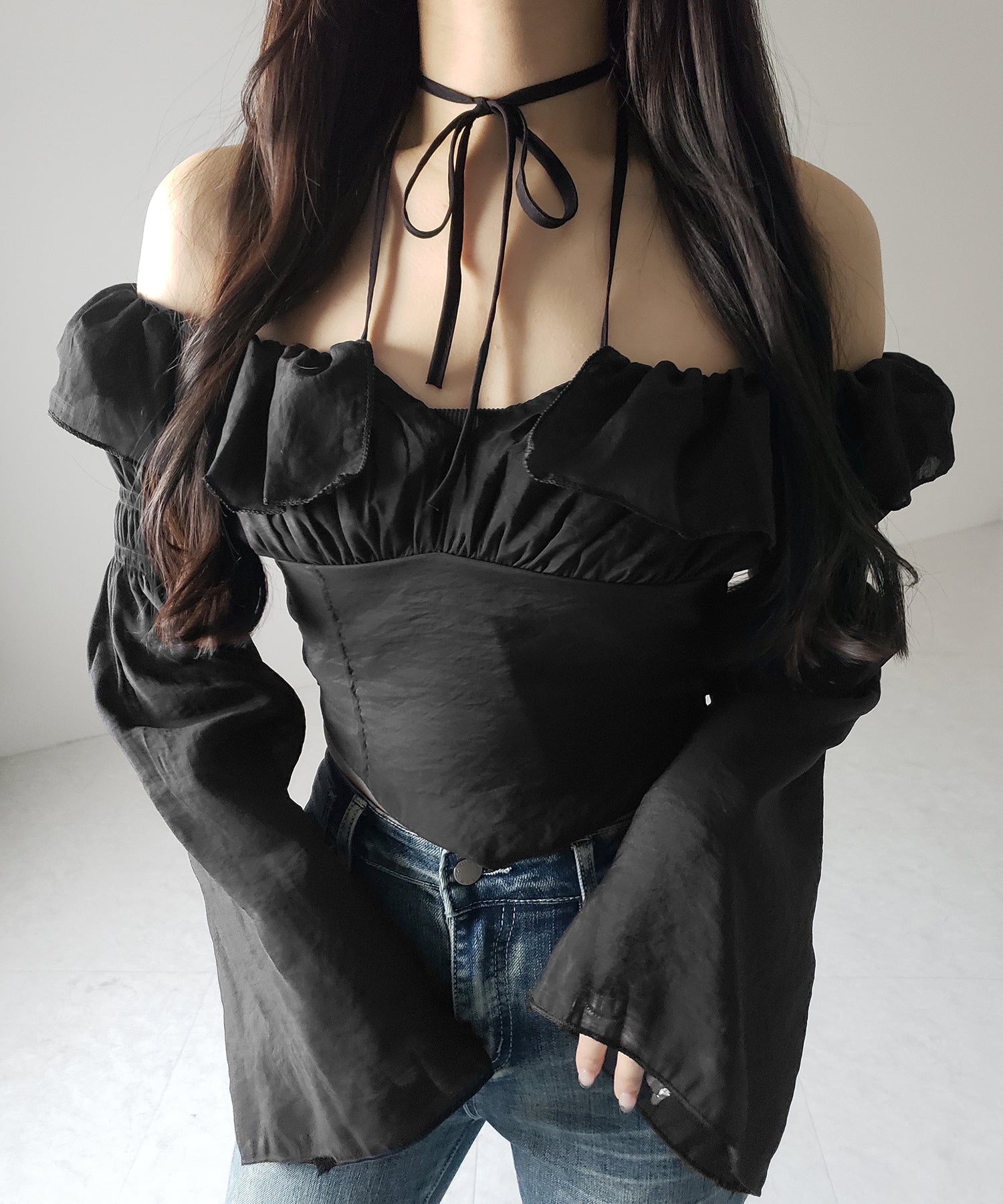 【3WAY 】チョーカーリボンフレアスリーブオフショルブラウス / choker ribbon flare sleeve off-shoulder blouse