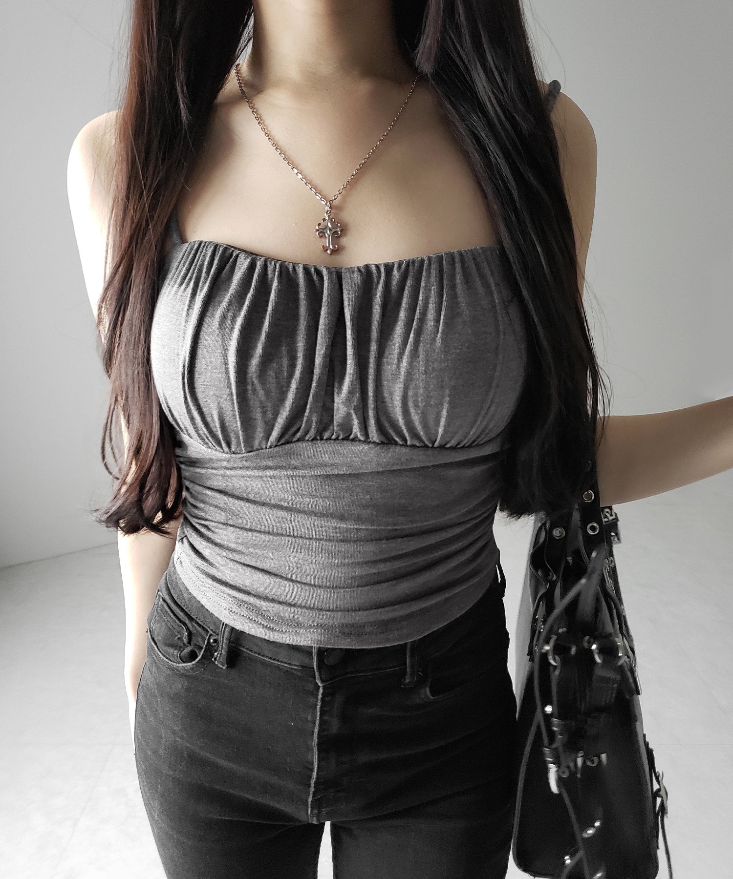 【 3color / カップ付き 】シャーリングギャザードレープキャミソール /shirring gather drape camisole