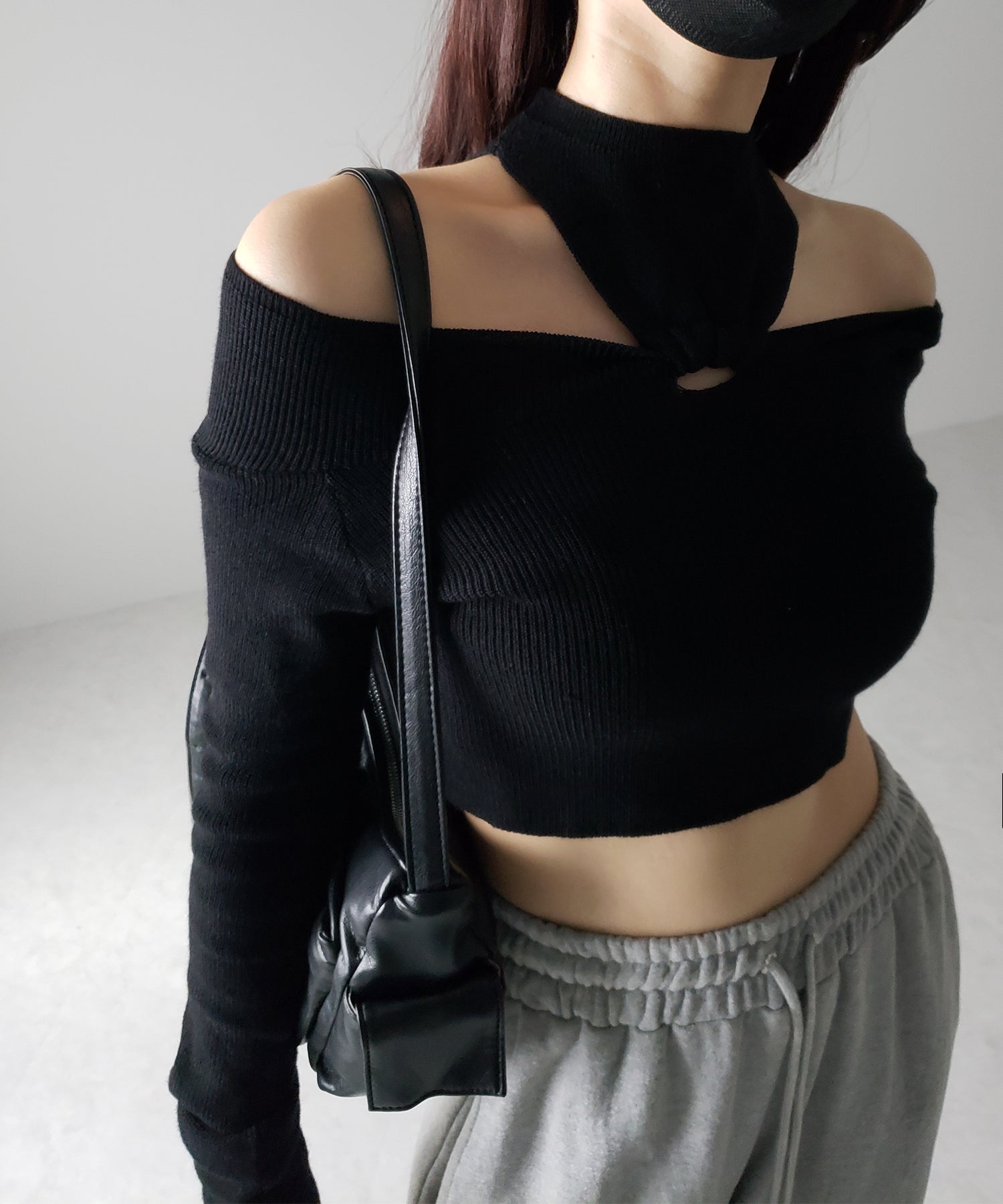 【 3 color 】カットアウトオフショルショートリブニット