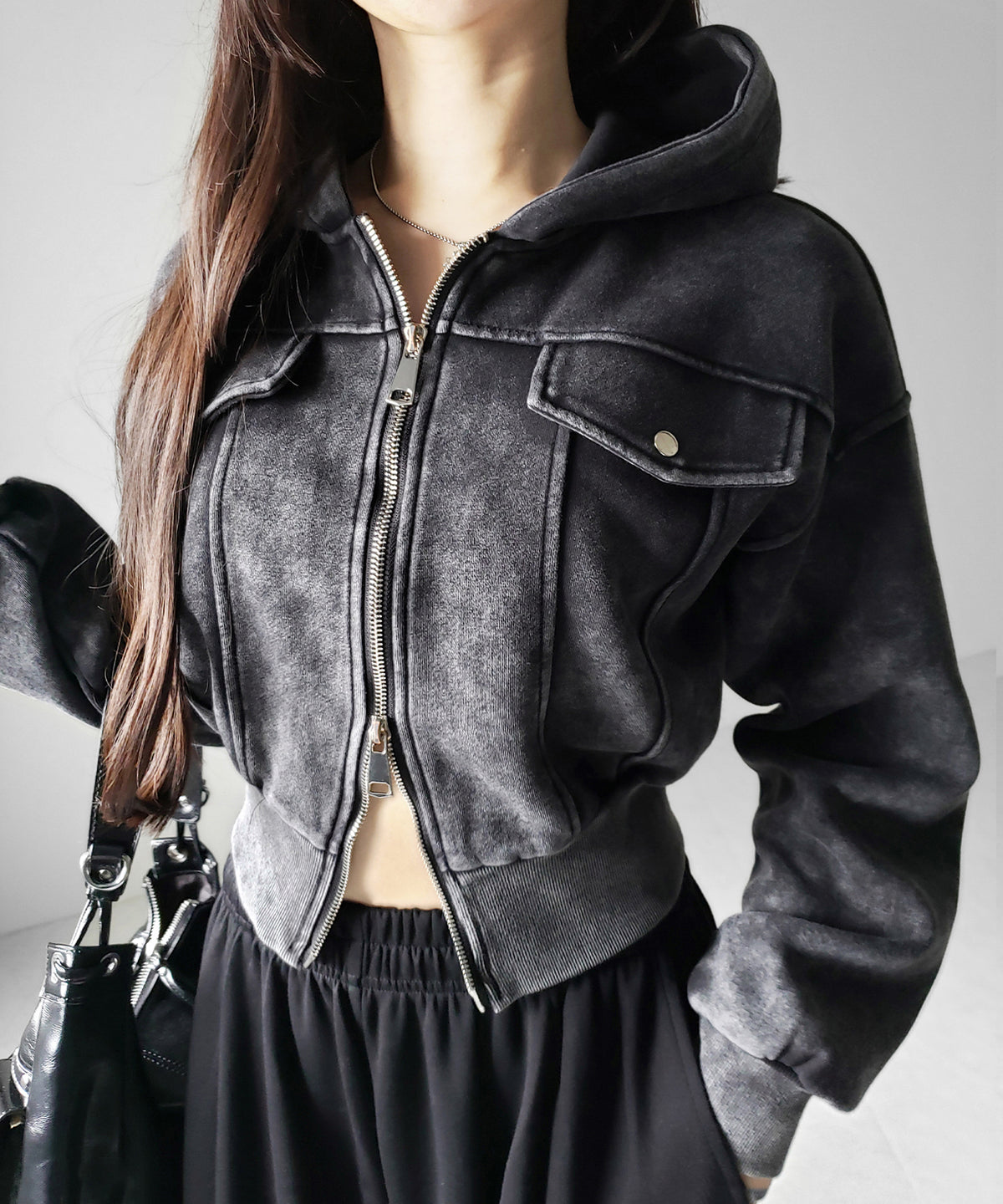 ピグメントダブルジップショートパーカー / pigment double zip short hoodie