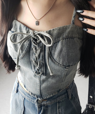 レースアップリボンコルセットデニムビスチェ / lace up ribbon corset denim bustier