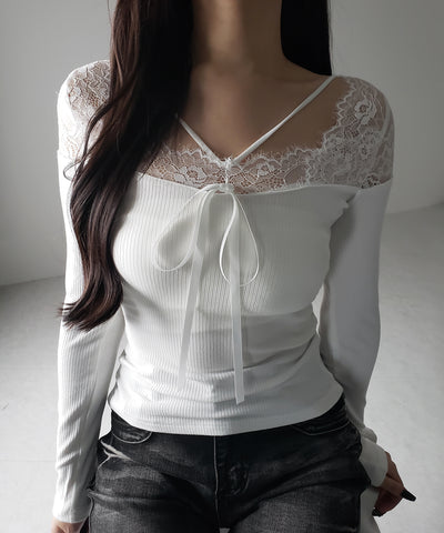 クロスストラップレース切替リブトップス / cross strap lace switching ribbed tops