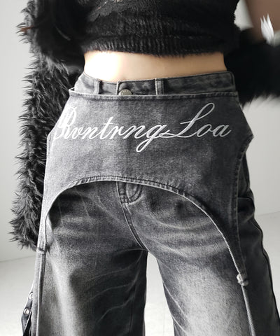【 2WAY 】レタリングロゴ刺繍ガーターヴィンテージワイドデニム / lettering logo embroidery garter vintage wide denim