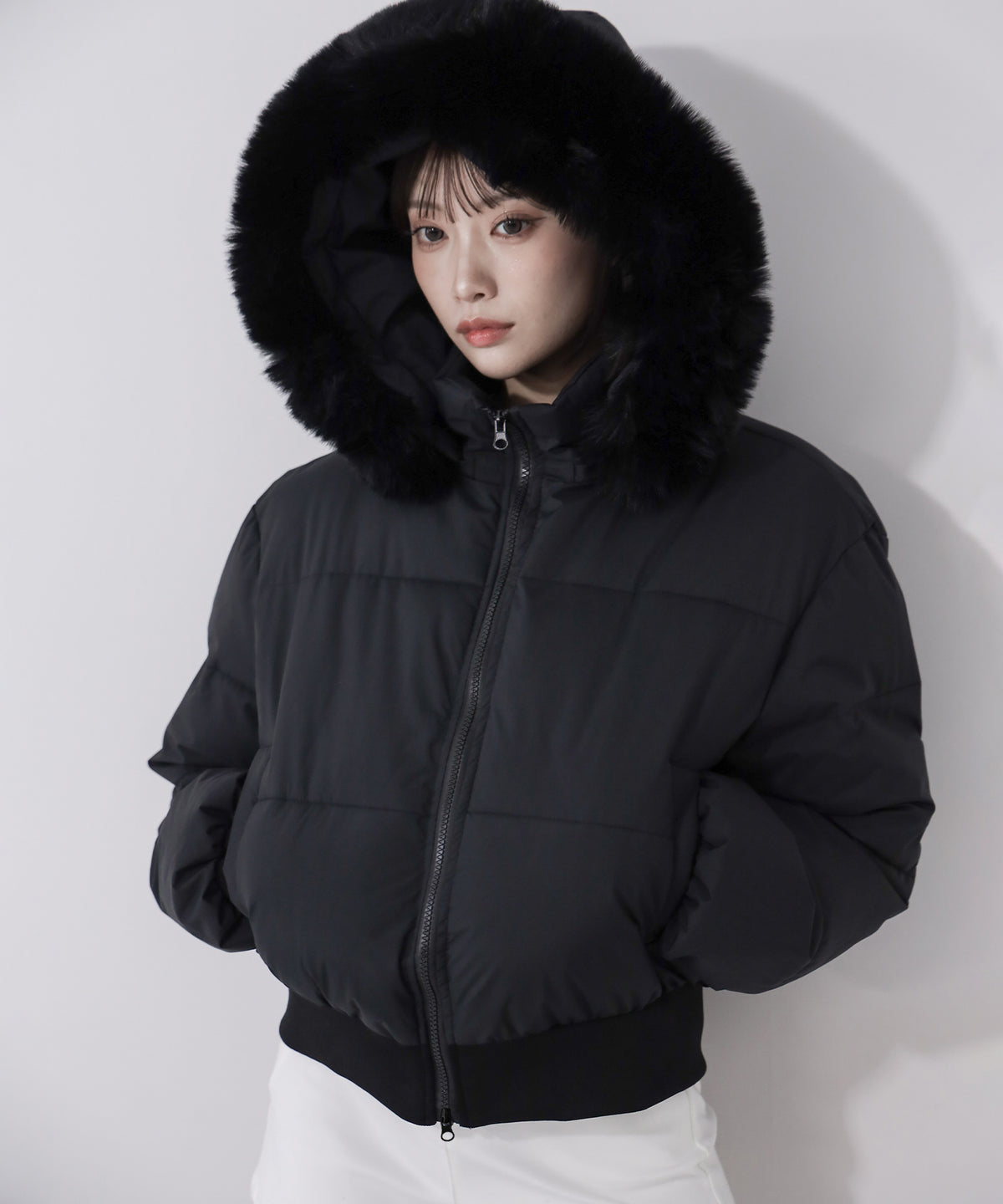 【 フード取り外し可能2WAY 】フェイクファーフードショート中綿ジャケット / 2WAY fake fur hoodie short fake down jacket
